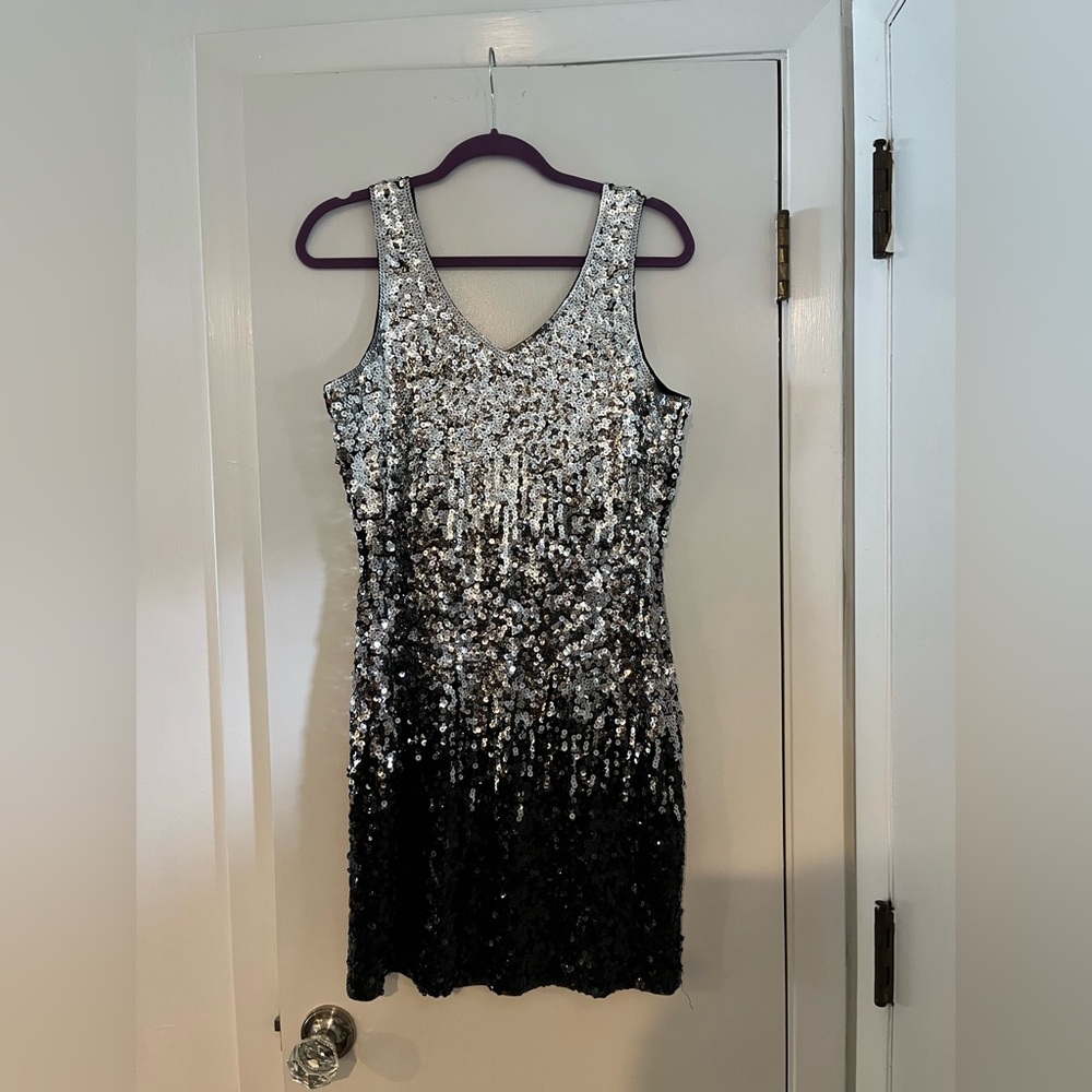 Silver and Black Sequin V-Neck Evening Dress